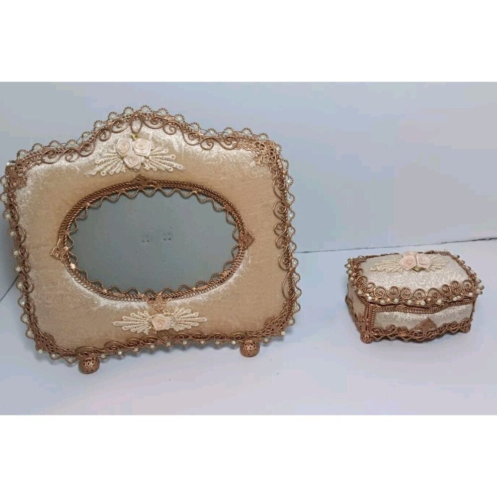 Vintage  Victorian Frame Velour With Gold Brass Size 9.5x8 And Trinket Box Set